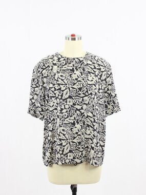 Vintage 00's BRAEMAR Black White Leaf 100% Silk Crepe T-Shirt Blouse, Size M